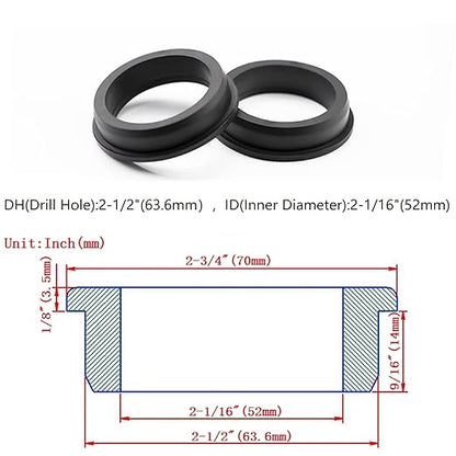 2 pcs 2-1/2" Drill Hole，2-1/16" ID Black Silicone Top hat Rubber Grommets for Wiring，Automotive，Firewall，Hole Plug，Desk，Screw，Water and Gas Pipe，Drain，House Siding，Cable Bushing，Glass，Wire Plug
