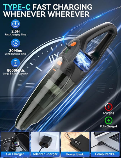 GHUSTAR Handheld Vacuum Cordless - 25000PA Strong Suction Hand Held Car Vacuum Cleaner Portable with Multi-Nozzles - Lightweight Dust Busters Rechargeable for Home Car Office Pets 2 Levels