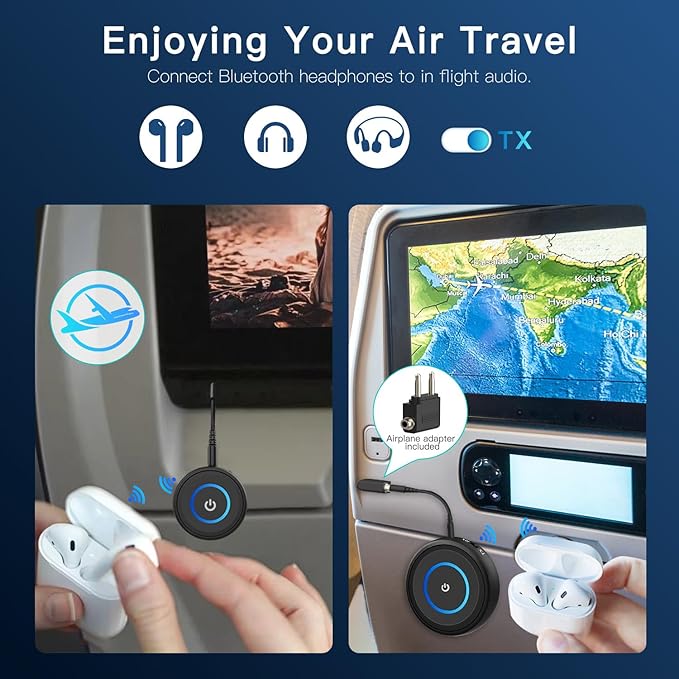 Bluetooth 5.3 Transmitter for TV/Airplane, 2-in-1 Bluetooth Transmitter Receiver for Home Stereo/Speakers/Headphones/PC/Car, Wireless Adapter w/3.5mm AUX/RCA Jack, Dual Link, Low Latency,16H