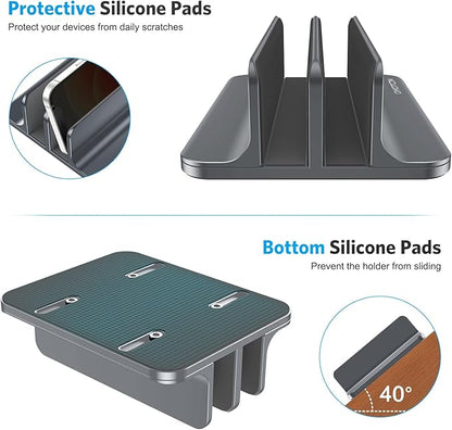 OMOTON [Updated Dock Version] Vertical Laptop Stand, Double Desktop Stand Holder with Adjustable Dock (Up to 17.3 inch), Fits All MacBok/Surface/Samsung/HP/Dell/Chrome Book (Grey)