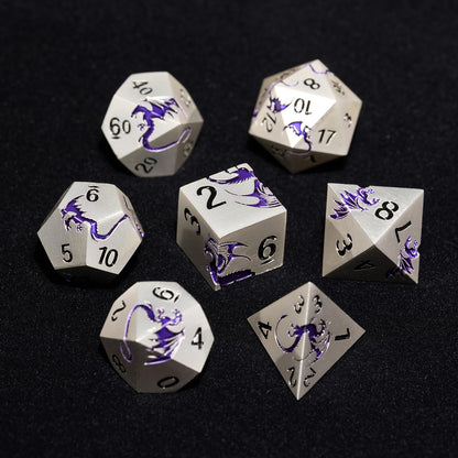 HNCCESG Metal Dice Set,7-Piece Dragon Dice for DND and RPGs,Silver Purple