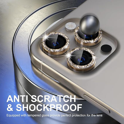 Choiche Compatible for iPhone 15 Pro/iPhone 15 Pro Max Camera Lens Protector Bling, 9H Tempered Glass Camera Cover Screen Protector Metal Ring Decoration Accessories (Glitter-Gold)