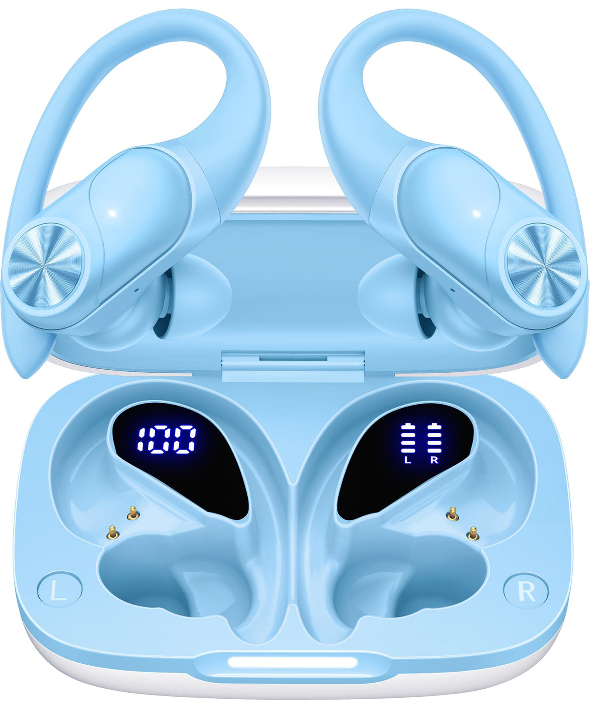 PocBuds Bluetooth Headphones Wireless Earbuds 80hrs Playtime Wireless Charging Case Digital Display Sports Ear Buds with Earhook Deep Bass IPX7 Waterproof Over-Ear Earphones for TV Phone Laptop Blue