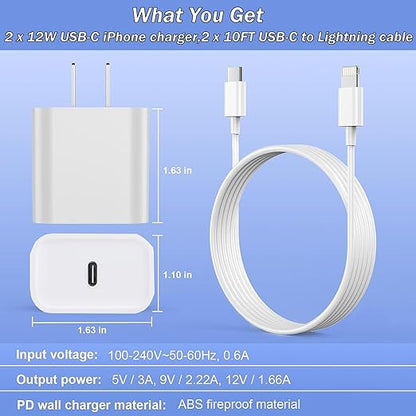 iPhone Fast Charger, [Apple MFi Certified] 2 Pack PD USB C Wall Charger Block Plug with 10FT Extra Long Type C to Lightning Fast Charging Data Sync Cable for iPhone 14 13 12 11 XR X 8 iPad and More