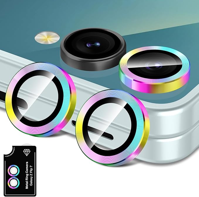for Samsung Galaxy Z Flip 7 Camera Lens Protector, Individual Metal Ring Tempered Glass Lens Cover, [Strong Adsorption] Scratch Resistant Ultra-Thin HD Clear Lens Cover, 1 Set-Colorful
