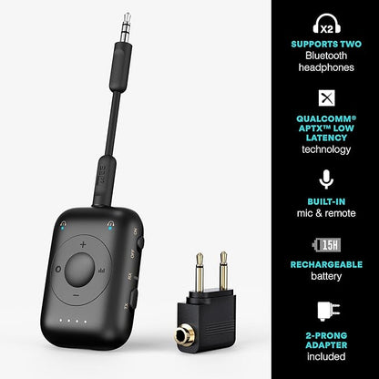 MEE audio Connect Air Pro Bluetooth Wireless Audio Transmitter & Receiver for AirPods or Bluetooth Headphones, 2-in-1 Adapter with Detachable Cable 3.5mm Aux Audio Jack for Airplanes, Auto, Gym, Black