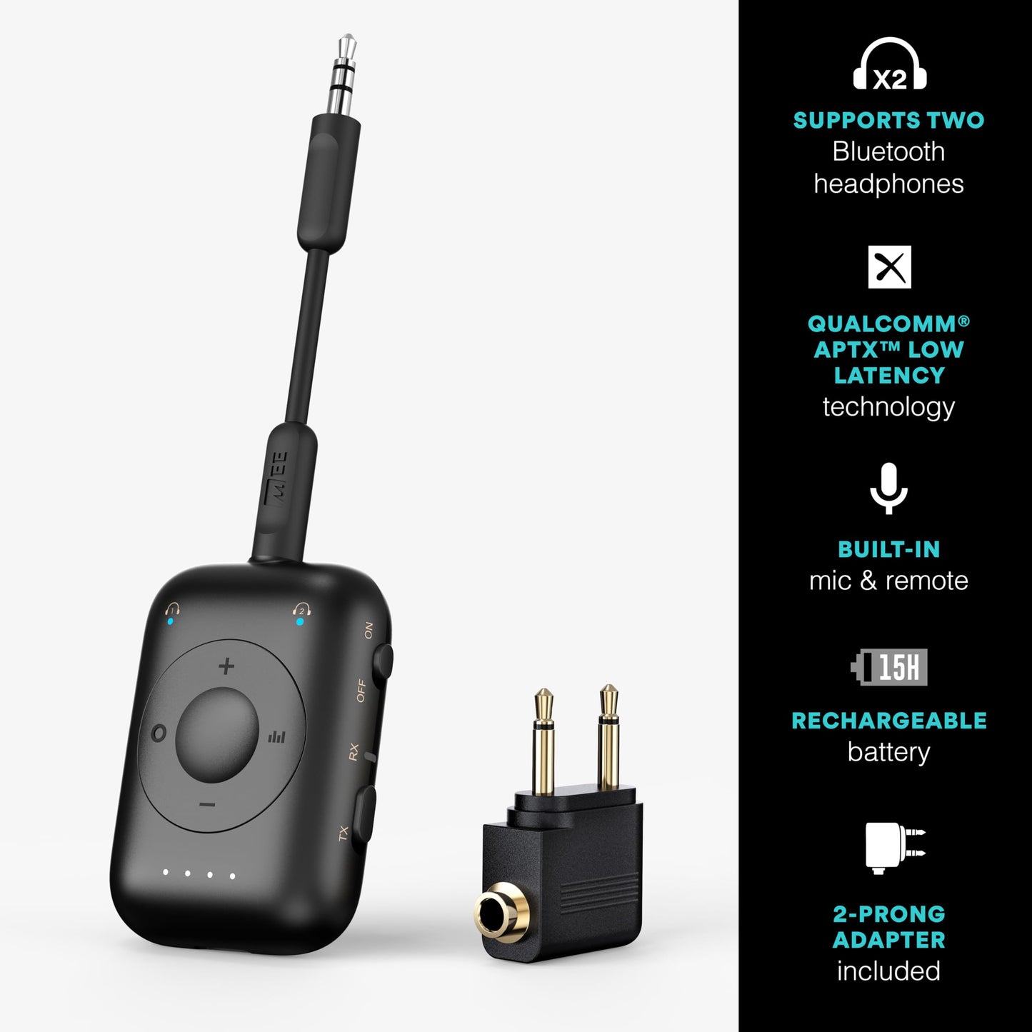MEE audio Connect Air Pro (2 PACK) Bluetooth Wireless Audio Transmitter & Receiver for AirPods or Bluetooth Headphones, 2-in-1 Adapter with Detachable Cable for 3.5mm devices on Airplanes, Black&White