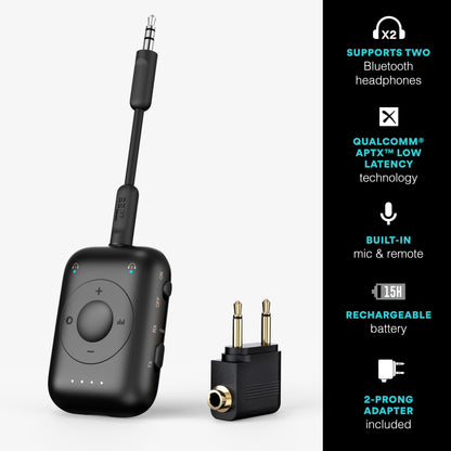 MEE audio Connect Air Pro (2 PACK) Bluetooth Wireless Audio Transmitter & Receiver for AirPods or Bluetooth Headphones, 2-in-1 Adapter with Detachable Cable for 3.5mm devices on Airplanes, Black&White