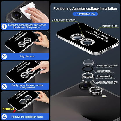 for Samsung Galaxy Z Flip 7 Camera Lens Protector, Individual Metal Ring Tempered Glass Lens Cover, [Strong Adsorption] Scratch Resistant Ultra-Thin HD Clear Lens Cover, 1 Set-Black Diamond