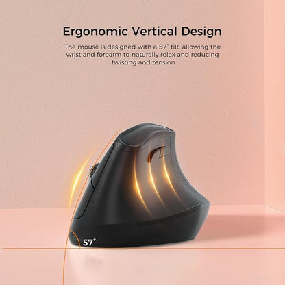 57° Ergonomic Wireless Tower Mouse, Vertical Quiet Ergo Mouse, Bluetooth(BT5.0,BT3.0)&2.4G, (800/1200/2400/2400/4000), 5 Buttons for Windows, macOS, iPadOS, Laptop, PC, Black