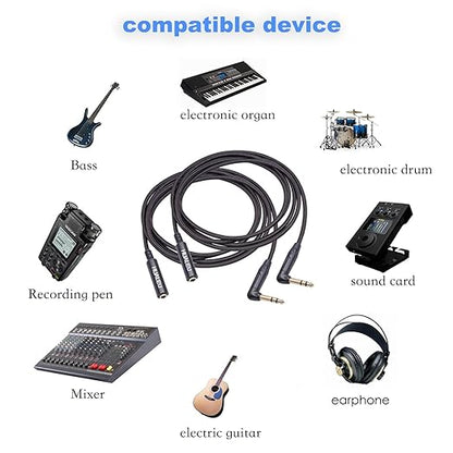 HUAELU 2Pack 6FT Right Angle 6.35mm TRS Stereo Male to Female Audio Cable,Right Angle 1/4 TRS Male to Female Stereo Headphone Guitar Extension Cable Cord for Mixer Headphone
