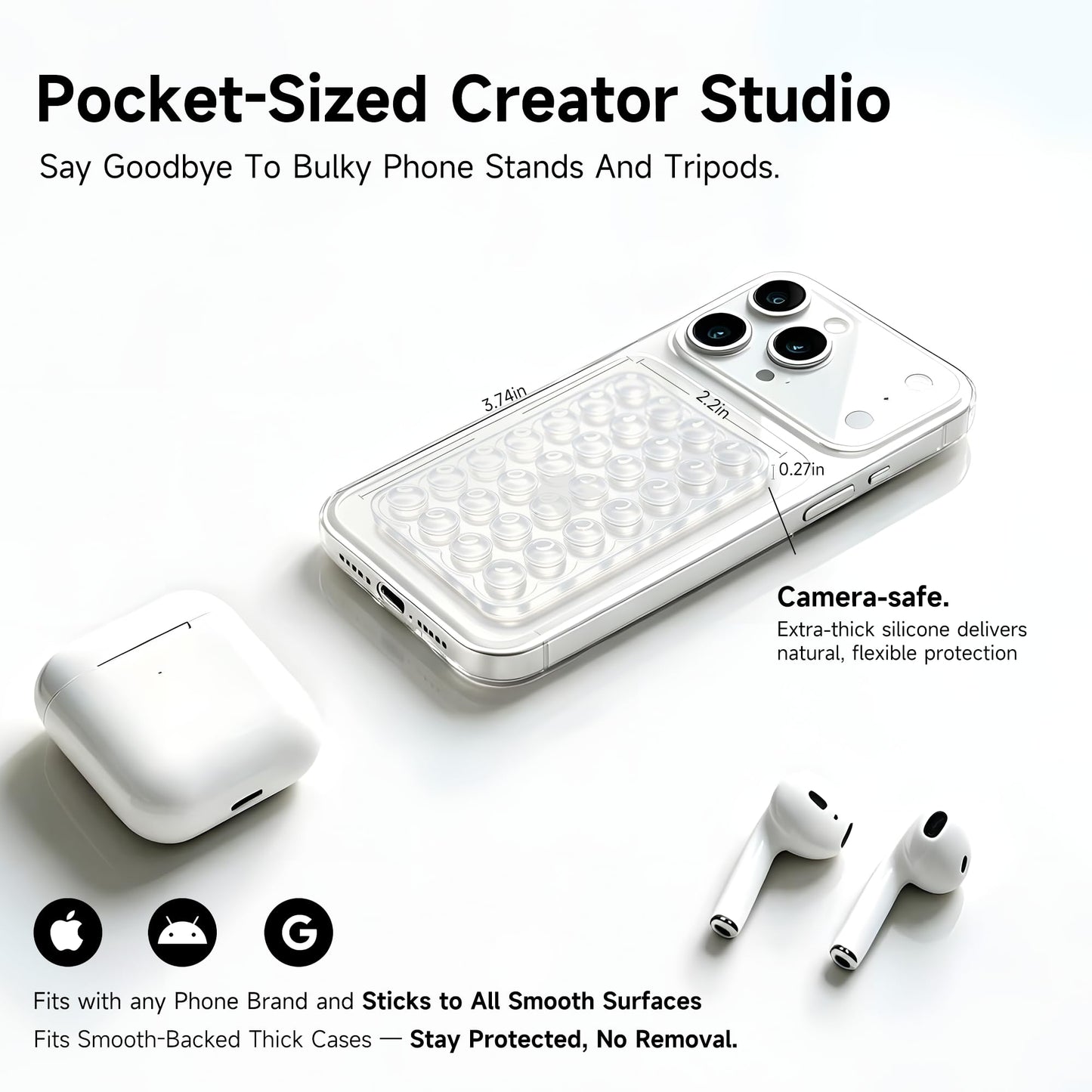 DreamsLink.LC Silicone Double-Sided Suction Phone Detachable Mount, Fidget Sticky Grip Hands-Free for Makeup, Gym, Cooking, ASMR/TikTok Recording & Selfie, Content Creator Trendy Gift (Clear,Small)