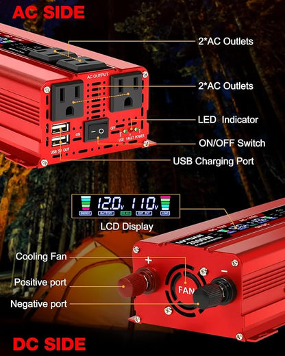 LVYUAN 1000W Car Power Inverter 12V to 110V DC to AC with 4 US Sockets, Cigarette Lighter, LCD Display, USB Ports for Car, Home,Outdoor, Camping