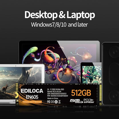 EN605 512GB M.2 SSD, NVMe1.3 PCIe Gen3 x4 SSD TLC, Internal Hard Drive, M.2 2280 - Read/Write Speed up to 2150/1600 MB/s - Internal SSD Compatible with Laptop & PC Desktop