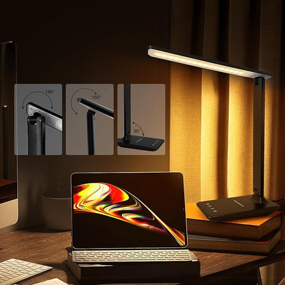 White crown LED Desk Lamp with 15W Wireless Charger & USB Port, Dimmable Table Lamp with 5 Lighting Modes, Sensitive Touch Control, Foldable & Portable Desk Light for Home, Office, Bedroom, Reading
