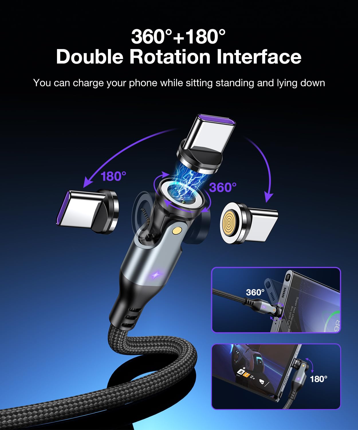 A.S Gen3 USB C Magnetic Charging Cable 240W (2Pack, 3.3ft/6ft), 9Pin Type C to Type C Magnet Charger Cable/360&180 Rotation Magnetic Phone Charger Data Cable for Phone 15/Samsung/M-Book/Pad Series