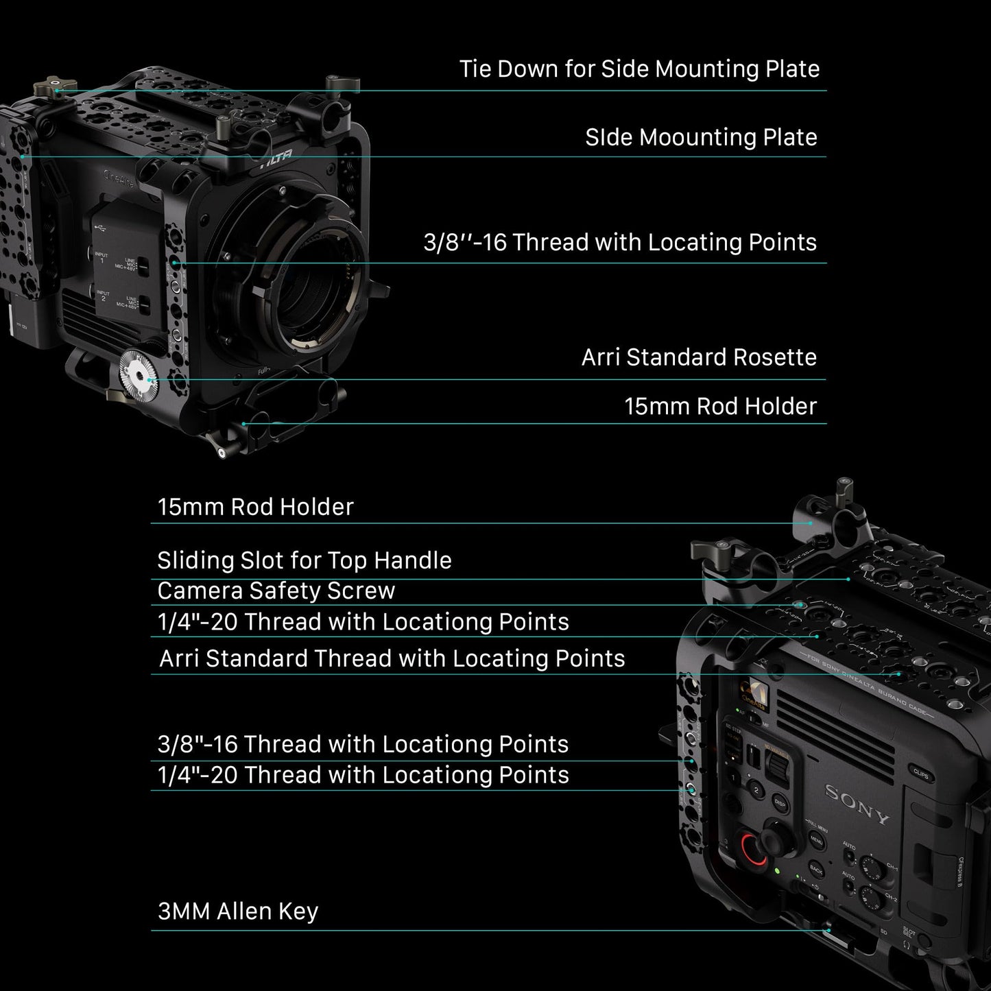 Tilta Camera Cage Compatible with Sony BURANO | Arri Rosettes, 1/4"-20 and 3/8"-16 Threads | w/Top Handle, Left/Right Side Arm, Battery Plate (Advanced Kit - V Mount)