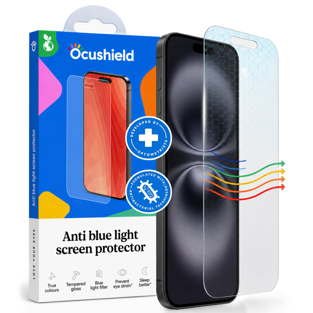 Ocushield Anti Blue Light Tempered Glass Screen Protector of iPhone 16 Plus (6.7")– Blocks Blue Light, Prevents Eye Strain & Helps You Sleep Better, 9H Hardness & Case Friendly