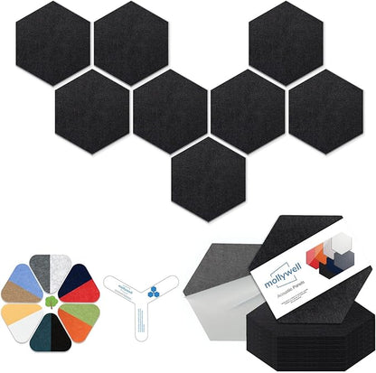Mollywell Hexagon Acoustic Panels, High Density, Soundproofing, Decorative Noise Reduction Felt Wall Tiles for Ceilings, Home Office & Gaming Room (Black), 12x10x0.4 Inch