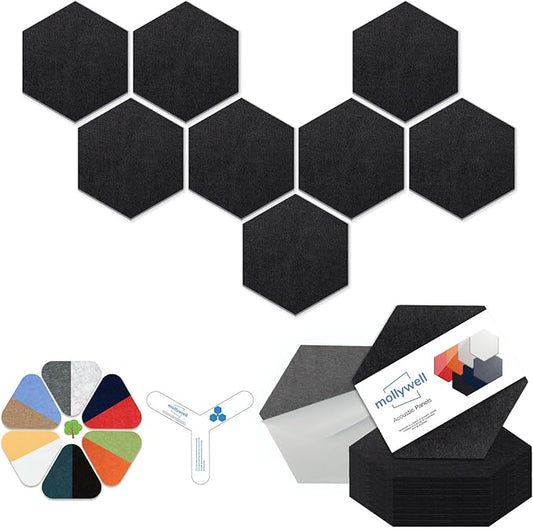 Mollywell Hexagon Acoustic Panels, High Density, Soundproofing, Decorative Noise Reduction Felt Wall Tiles for Ceilings, Home Office & Gaming Room (Black), 12x10x0.4 Inch
