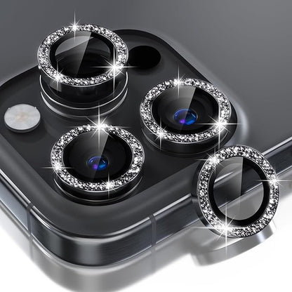 Choiche Compatible for iPhone 16 Pro/iPhone 16 Pro Max Camera Lens Protector Bling, 9H Tempered Glass Camera Cover Screen Protector Metal Ring Decoration Accessories (Glitter-Black)
