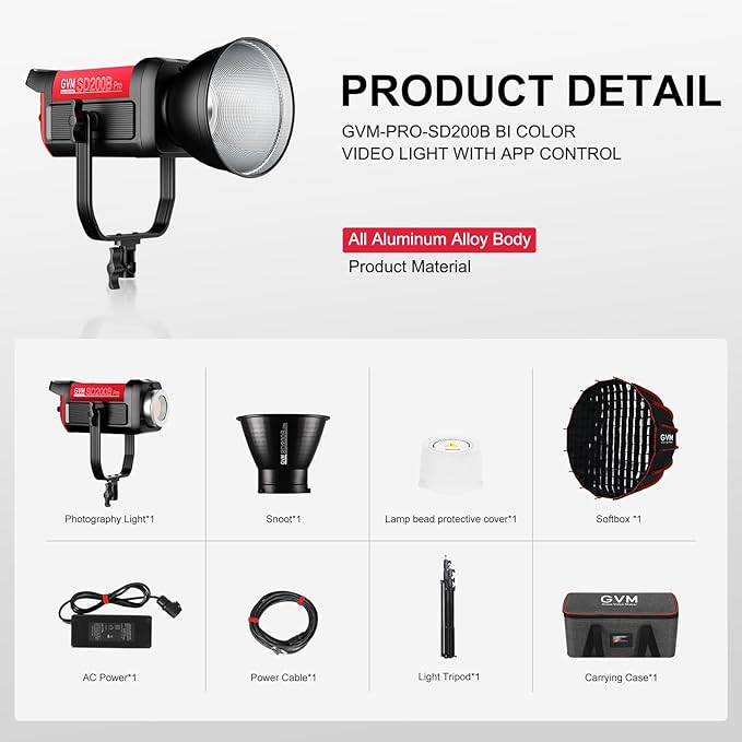 GVM 200W LED Video Light with Softbox, SD200B Photography Lighting Kit with Bluetooth Mesh Network/DMX Control, 2700K-6800K Studio Light Continuous Lighting Kit, 45400lux/1m, 12 Scene Effects