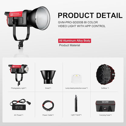 GVM 200W LED Video Light with Softbox, SD200B Photography Lighting Kit with Bluetooth Mesh Network/DMX Control, 2700K-6800K Studio Light Continuous Lighting Kit, 45400lux/1m, 12 Scene Effects