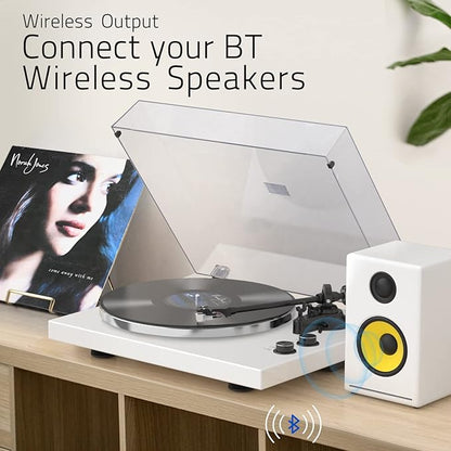 Record Player Turntables with Wireless Output Connectivity Vinyls Players Belt-Drive 33 45 RPM Speed Phono Line USB Digital to PC Recording MM Cartridge AT-3600L Classic New Sleek Piano White