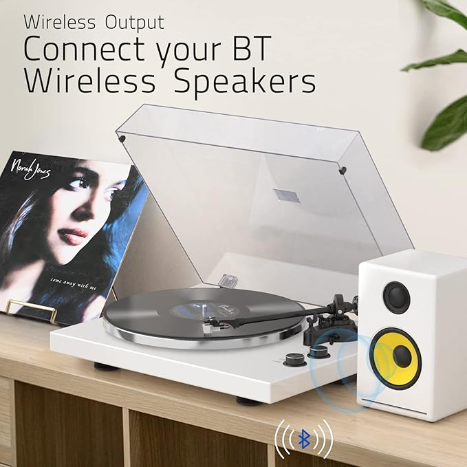 Turntables Record Player for Vinyl with Wireless Output Connectivity Belt-Drive 33 45 RPM Speed Phono Line USB Digital to PC Recording MM Audio Cartridge Stylus Adjustable Counterweight Piano White