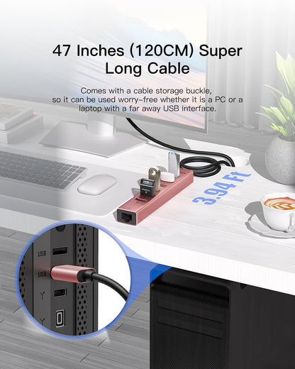 Aluminum USB 3.0 Adapter USB to Ethernet HUB with 120CM Long Cable for Laptop USB Extender with Gigabit Ethernet Port and 5V/3A Power Port 7 Ports USB Hub for iMac PC Flash Drives (Rose Gold)