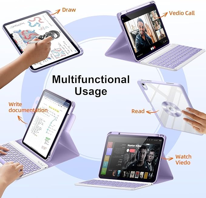 for iPad 11th 10th Generation Case with Keyboard, Magnetic 720° Rotatable Cover Detachable Wireless Bluetooth Backlit Keyboard with Pencil Holder for iPad 11 inch A16 2025 & 10.9 inch 2022 -Purple