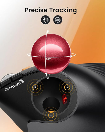 ProtoArc Vertical Wireless Trackball Mouse, EM05 NL Bluetooth Ergonomic Rollerball Mouse Rechargeable Computer Laptop Thumb Mice, 3 Device Connection, Compatible with iPad, Mac, Windows, PC-Red