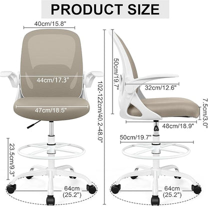 Drafting Chair Tall Office Chair with Flip-up Armrests, Adjustable Height, and Enhanced Lumbar Support - Ergonomic Rolling Stool, Back Support, and Adjustable Foot Rest Ring for Standing Desk Khaki
