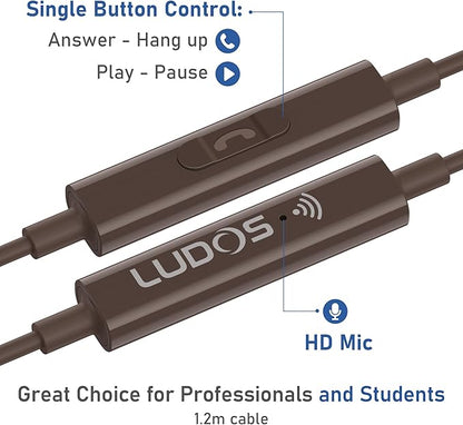 LUDOS OMNITONE USB C Headphones for iPhone 16 15 Pro Max Plus iPad Pro, 5 Years Warranty, USB-C Earbuds for Samsung Galaxy S24 S23 Ultra S22 S21 S20 A55 A54 A53, USB Type C Earphones - Brown