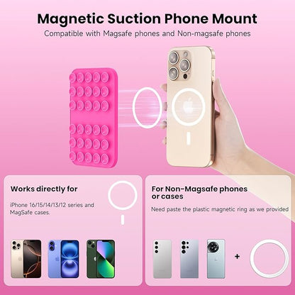 Patented Magnetic Sticky Phone Suction Grip Mount for MagSafe Case,Magnet Silicone Portable Stand Holder for iPhone 16/15/14/13/12 Series and Android, Hands-Free Selfies and Videos,Hot Pink