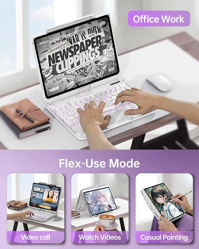 Intermerge Clear Keyboard Case for iPad Air 13" (M3/M2, 2025/2024) & Pro 12.9" (2022-2018) - 360° Rotatable Trackpad, RGB Backlit Keyboard, Pencil Holder, Power Indicator, Type-C, Frost Pulse