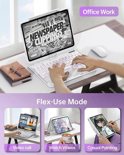 Intermerge Clear Keyboard Case for iPad Air 13" (M3/M2, 2025/2024) & Pro 12.9" (2022-2018) - 360° Rotatable Trackpad, RGB Backlit Keyboard, Pencil Holder, Power Indicator, Type-C, Frost Pulse