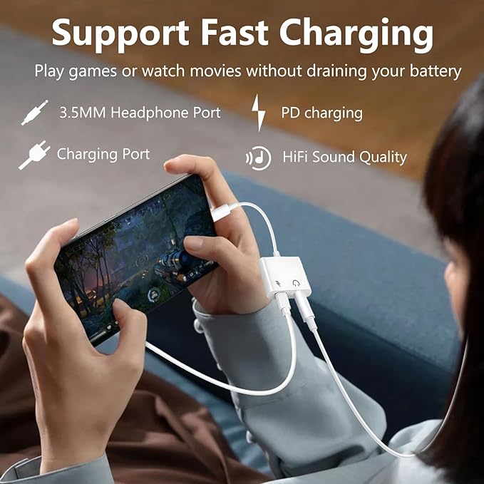 Seulliya USB C to 3.5mm Headphone Jack and Charger Adapter, 2-in-1 Audio & Fast Charging Splitter for Apple iPhone 17/16/15/Pro/Pro Max, iPad, Samsung, Pixel, and More 1Pack