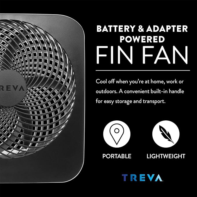 Treva 10-Inch Portable Fan, Powered by Battery and/or AC Adapter - Desk Fan Air Circulating with 2 Cooling Speeds for Personal and Travel Use (Black) (OOS)