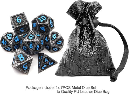 Haxtec Metal DND Dice Set Black Blue Dragon D&D Dice Set with Leather Dice Bag Metal Polyhedral Dice Compatible with Dungeons and Dragons Gifts TTRPG Dice