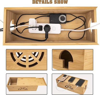 Cable Management Box,Cord Organizer Box,Bamboo Cable Organizer Box for fit Desk Computer USB Behind TV Home Hall Computer Power