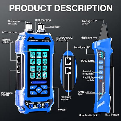 11 In 1 Network Cable Tester with 60000 Digit Multimeter 7 Wavelengths OPM 10Km/10mW VFL 600M Measurable Length 100 Records Tool Kit for CAT5 CAT6 Telephone Ethernet RJ11 RJ45 PoE Wire Tracer NCV,Blue
