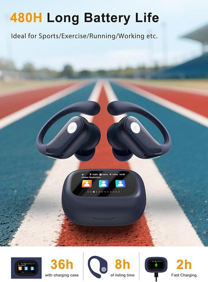 Wireless Earbuds, ANC Noise Cancelling Sport Ear Buds with Multifunctional Touch Screen, Bluetooth 5.4 Headphones, Bass Stereo Sound, 5 EQ Over The Ear Earbuds for Sports/Workout/Gym-Dark Blue