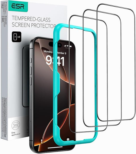 ESR 3 Pack for iPhone 17/iPhone 16 Pro Screen Protector, [9H Hardness] [Military Grade Shatterproof] Full Coverage Tempered Glass Film with Easy Installation Tool, HD Clear, Scratch Resistant