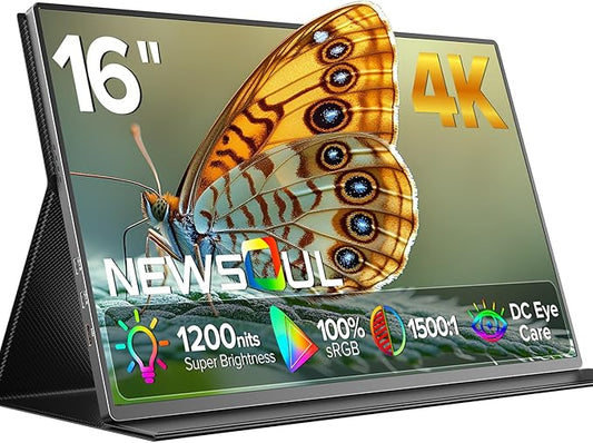 Newsoul 4K Portable Monitor 1200Nits Ultra Bright 16'' Laptop Monitor 145% sRGB 2000:1 Contrast Matte Screen with USB-C HDMI VESA, Slim External Screen with Protective Case for PC/Phone/Game Console