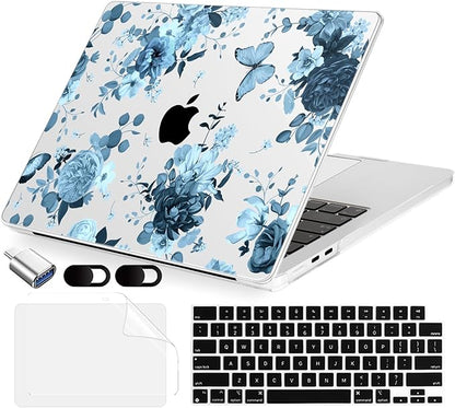 Compatible with MacBook Air 15 inch Case, M4 A3241/M3 A3114/M2 A2941 (Released 2025 to 2023), Hard Shell, Keyboard Cover, Screen Protector, Webcam Cover & Type-C Adapter, Blue Flowers