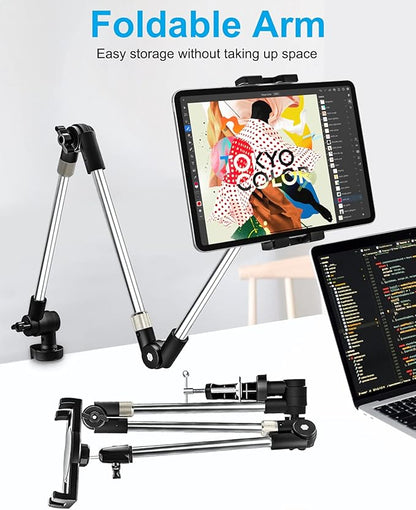Tablet Holder for Desk Clamp 360° Phone iPad Mount, 35" Adjustable Arm Tablet Stand for Bed, Aluminum Flexible Webcam Camera Clip for iPad Pro 12.9 Air Mini, Tabs, Switch, iphone, 4.7-13" Device/Gopro