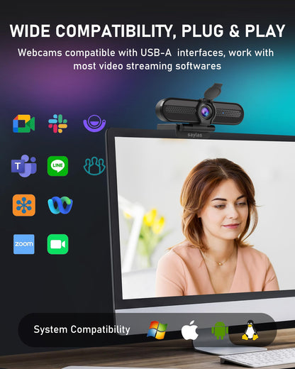 saylas 4K Webcam with Microphone, 78°FOV FHD PC Camera with 4K/2K/30fps, 1080P/60fps, Privacy Cover, USB Web Cam, Autofocus, External Webcam for PC, Computer Web Camera for Laptop, Mac, Zoom