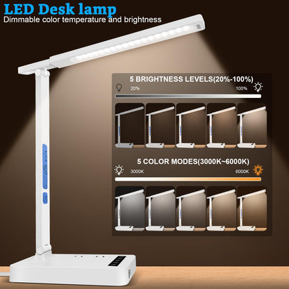 snsok Smart Desk Lamp with Dual USB Charging (Type-C/USB-A) & 2 AC Outlets, Digital Clock, Temperature Display, 5 Color Modes, 5 Brightness, Adjustable - for Office, Bedroom, Dorm Room, Study