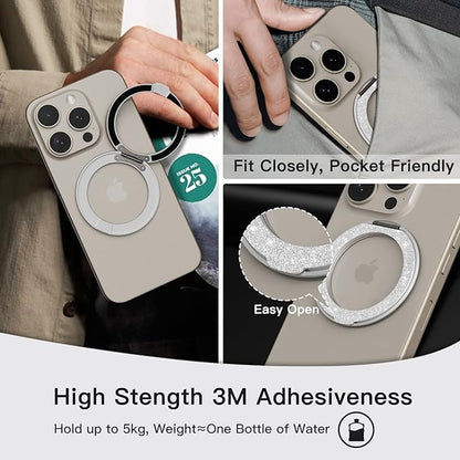 COOLQO 2Pcs 360 Spin Cell Grip Ring Phone Stand [Upgrade Gear Hinge Stress Relief] Magnetic Holders for Your car Accessories Desk Mount Compatible with iPhone All Smartphone, Glitter Silver